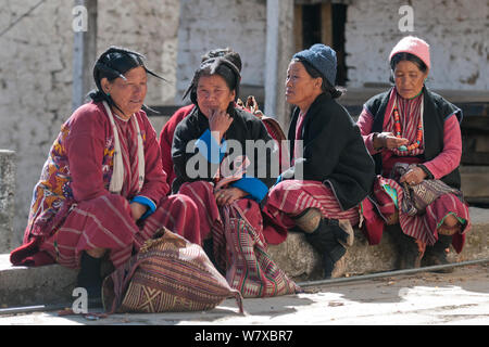Ladies in traditional Mompa tribe dress (typical head dress made from Yak hair) during Torgya festival. Galdan Namge Lhatse Monastery,Tawang, Arunachal Pradesh, India. January 2014. Stock Photo