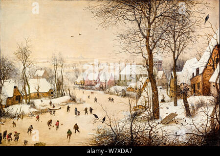 winter landscape with ice skaters and bird trap