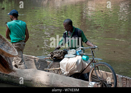 Porters transporting goods on bicycles loaded into canoe for transport along river, Democratic Republic of the Congo, Africa, December 2012. Stock Photo