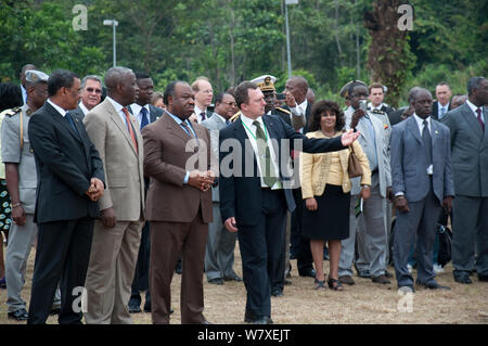 President Ali Bongo Ondimba, Prime minister Raymond Ndong Sima, and Lee White, the director of the National Parks, watching government ivory burn with 6 tonnes (worth 6 million dollars) of African elephant (Loxodonta africana) tusks, Libreville, Gabon, June 6th 2012. Stock Photo