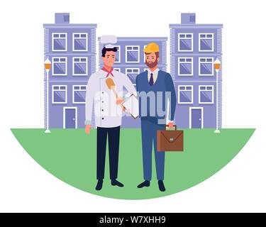 Professionals workers couple smiling cartoons Stock Vector