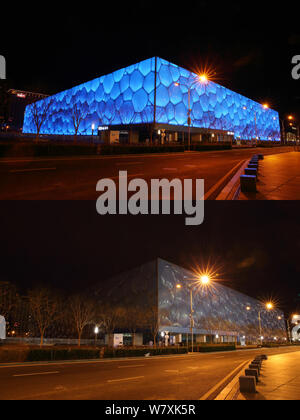 This composite photo shows the National Aquatics Center, also known as the Water Cube, before (upper) and during the Earth Hour campaign in Beijing, C Stock Photo