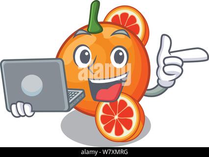 With laptop blood orange in mascot fruit basket Stock Vector