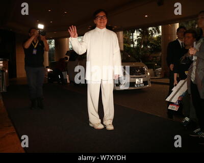 Hong Kong kungfu star Jackie Chan waves at the celebrating event for his Academy Honorary Award in Hong Kong China, 28 March 2017. Stock Photo