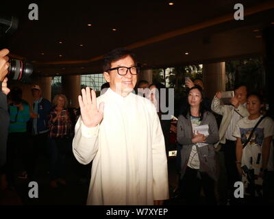 Hong Kong kungfu star Jackie Chan waves at the celebrating event for his Academy Honorary Award in Hong Kong China, 28 March 2017. Stock Photo