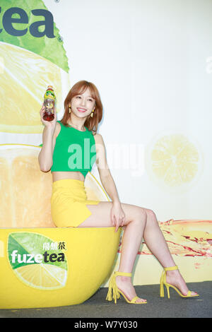 Ahn Hee-yeon, better known by her stage name Hani, of South Korean idol group Exid, attends a promotional event for a tea brand in Taipei, Taiwan, 29 Stock Photo