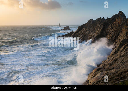 Pointe du Raz during a winter storm near Ile de Sein / Sein Island, Plogoff, Finistere, Brittany, France, January 2014. Stock Photo