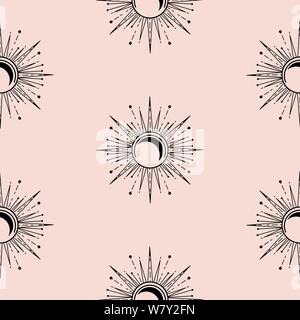 Sun and moon decorative boho style element design vector. Seamless pattern wallpaper. Stock Vector