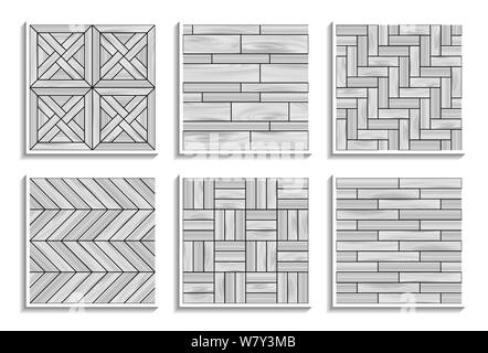 Set of gray seamless parquet textures. Black-and-white patterns of wood materials Stock Vector