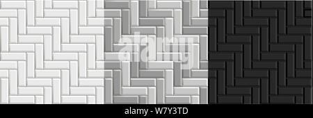 Black and white seamless textures of herringbone tiles. Set of vector grayscale paving floor Stock Vector