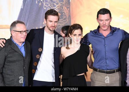 (From left) American director Bill Condon, English actor Daniel Jonathan 'Dan' Stevens, British actress Emma Watson and Welsh actor Luke Evans attend Stock Photo