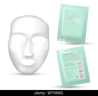 Facial Mask Cosmetics Packaging. Package design for face mask on white background. Cosmetics sachet. Stock Vector