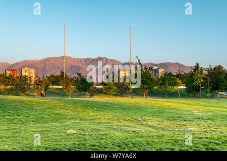 Santiago, Region Metropolitana, Chile - View of the Andes Mountain Range from Parque O’Higgins at downtown. Stock Photo