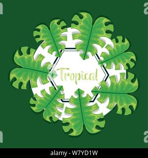 tropical leafs in circular frame and lettering botanical background ...