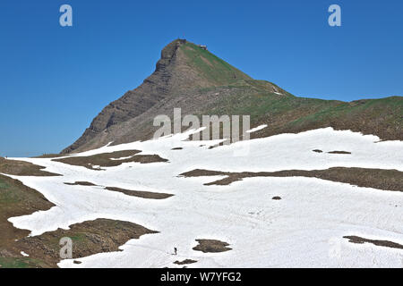 scenic view of swiss alpine mountain faulhorn and snow fields with small distant hiker. Alpine mountain landscape in jungfrau region. Stock Photo