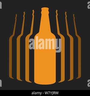 Vector illustration. Flat icon of group of beer bottles isolated on black. Stock Vector