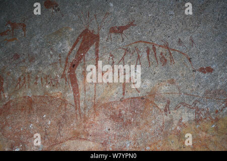 San rock painting of human figures and antelopes, Matobo Hills, Zimbabwe. January 2011. Stock Photo