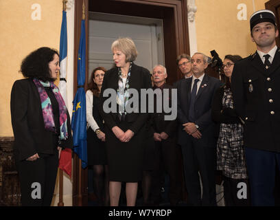 French Embassy, 58 Knightsbridge, London, UK. 16th November, 2015.  Home Secretary Theresa May joins French Ambassador to London Sylvie Bermann for  m Stock Photo