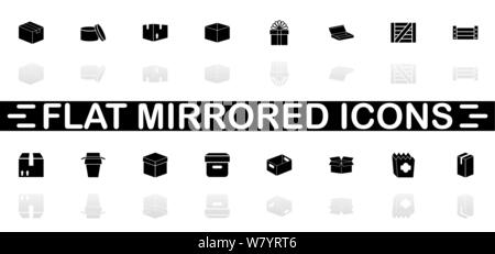 Box and Crates icons - Black symbol on white background. Simple illustration. Flat Vector Icon. Mirror Reflection Shadow. Can be used in logo, web, mo Stock Vector