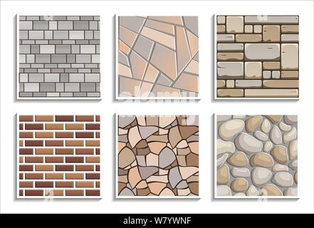 Set of seamless stone textures. Vector repeated patterns of 3D brick material Stock Vector
