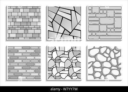 Set of grayscale seamless stone textures. Black-and-white patterns of brick material Stock Vector