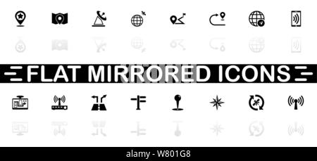 Satelite Navigation icons - Black symbol on white background. Simple illustration. Flat Vector Icon. Mirror Reflection Shadow. Can be used in logo, we Stock Vector