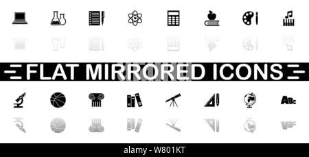 School Subject icons - Black symbol on white background. Simple illustration. Flat Vector Icon. Mirror Reflection Shadow. Can be used in logo, web, mo Stock Vector