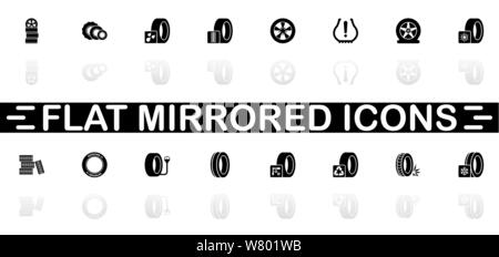 Tires icons - Black symbol on white background. Simple illustration. Flat Vector Icon. Mirror Reflection Shadow. Can be used in logo, web, mobile and Stock Vector