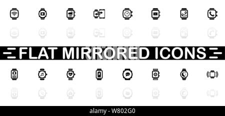 Smart Watch icons - Black symbol on white background. Simple illustration. Flat Vector Icon. Mirror Reflection Shadow. Can be used in logo, web, mobil Stock Vector