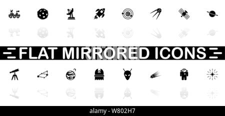 Space icons - Black symbol on white background. Simple illustration. Flat Vector Icon. Mirror Reflection Shadow. Can be used in logo, web, mobile and Stock Vector