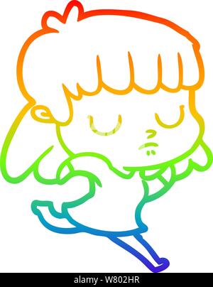 rainbow gradient line drawing of a cartoon indifferent woman running Stock Vector