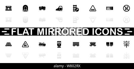 Trains icons - Black symbol on white background. Simple illustration. Flat Vector Icon. Mirror Reflection Shadow. Can be used in logo, web, mobile and Stock Vector