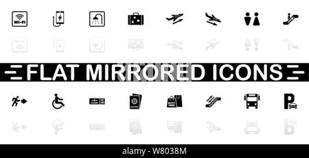 Airport icons - Black symbol on white background. Simple illustration. Flat Vector Icon. Mirror Reflection Shadow. Can be used in logo, web, mobile an Stock Vector