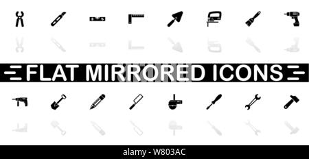 Tools icons - Black symbol on white background. Simple illustration. Flat Vector Icon. Mirror Reflection Shadow. Can be used in logo, web, mobile and Stock Vector