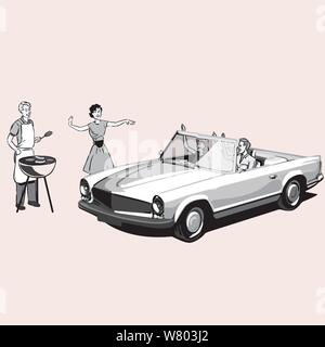 Vintage couple barbecues as a family drives by in a convertible car. Stock Vector