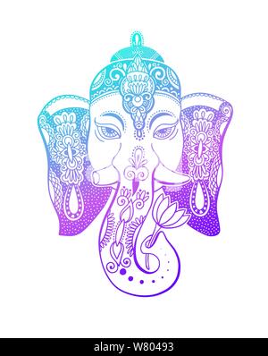lord ganesha head with lotus drawing - indian spirit animal elephant tattoo or yoga design vector illustration Stock Vector