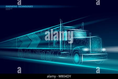Low poly transport abstract truck. Lorry van fast delivery shipping logistic. Polygonal dark blue speed highway industry international transportation Stock Vector