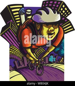 Bicycle courier with city rising up behind him & the road underneath Stock Vector