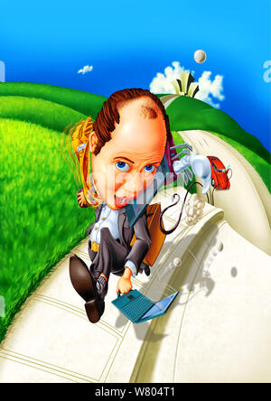 Balding business man running with a briefcase computer & golf clubs tie flying back golf balls bouncing & a stranded car & city off in the background Stock Photo