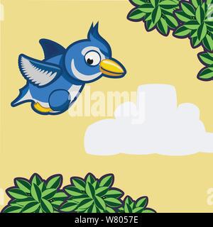 Blue jay bird flying through the forest of trees & branches Stock Vector