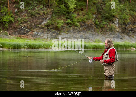 A fisherman catches fish on the river using fly fishing gear. Angler stands in  water above his knees, wearing a waterproof jumpsuit. Stock Photo