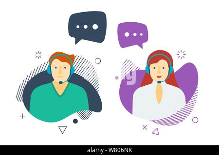 Call center customer online help service icon set. Male and female online assistant working in headphones and speech bubbles. Business support character operator colorful vector illustration Stock Vector