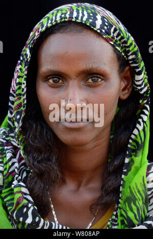 Head portrait of Afar tribe woman with facial tattoos / skin scarifications and wearing a scarf, Ahmed Ela village, Danakil depression, Afar region, Ethiopia, March 2015. Stock Photo