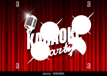 Karaoke party night live show open mike sign on empty theatre stage with spotlight. Vintage microphone against red curtain drape backdrop. Retro mic vector music nightlife event poster illustration Stock Vector