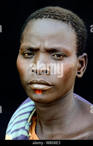 Woman from the Bodi tribe with chin decoration, Omo Valley, Ethiopia, March 2015. Stock Photo