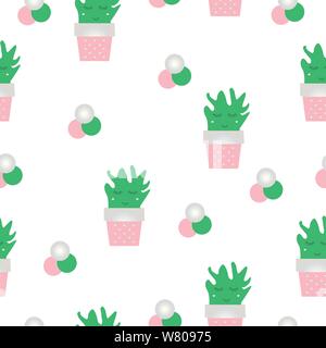 seamless pattern with smiling cactus flowers in pink and green colors Stock Vector