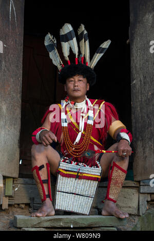 Ao Naga man in festival dress with giant hornbill feathers on headdress, Nagaland, North East India, October 2014. Stock Photo