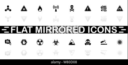 Danger icons - Black symbol on white background. Simple illustration. Flat Vector Icon. Mirror Reflection Shadow. Can be used in logo, web, mobile and Stock Vector