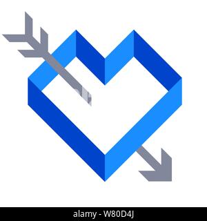 Vector illustration. Flat icon of geometric blue heart shape and arrow. Stock Vector