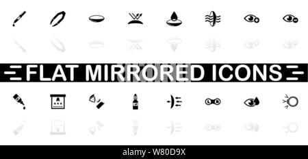 Eye Lens icons - Black symbol on white background. Simple illustration. Flat Vector Icon. Mirror Reflection Shadow. Can be used in logo, web, mobile a Stock Vector